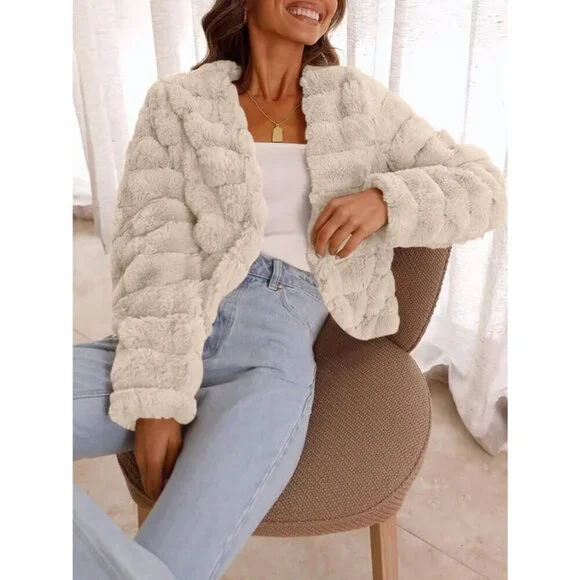 Women's Faux Fur Coats Fleece Cropped Jacket Long Sleeve Shaggy Warm Khaki - Picture 5 of 5
